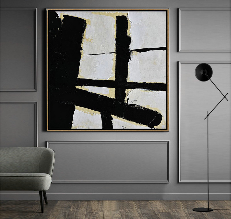 Handmade Extra Large Contemporary Painting,Handmade Minimal Art Palette Knife Canvas Painting, Black White Beige - Canvas Artwork For Sale